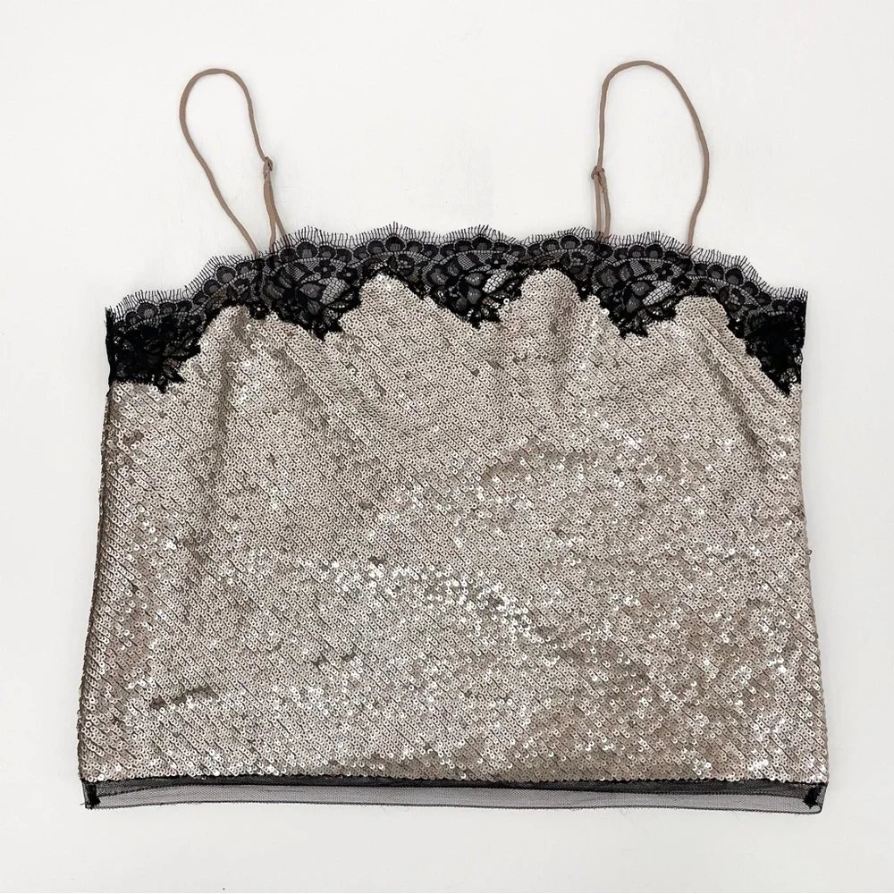 J. Crew Champagne Sequin Camisole with Black Lace Trim - Picture 4 of 12